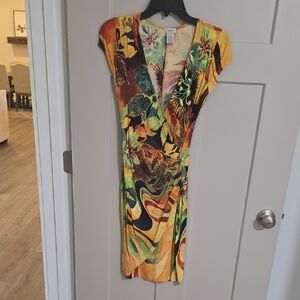 Cache Orange Bodycon Midi Dress Plunge Neckline Sleeveless